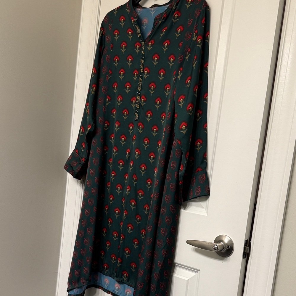 Pakistani Chic Teal Patterned Long Sleeve Dress